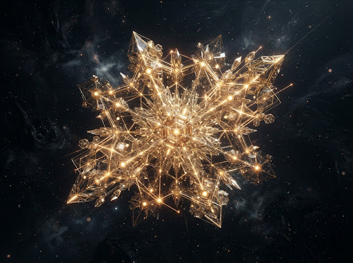 Intricate golden geometric crystalline structure floating in obsidian atmosphere